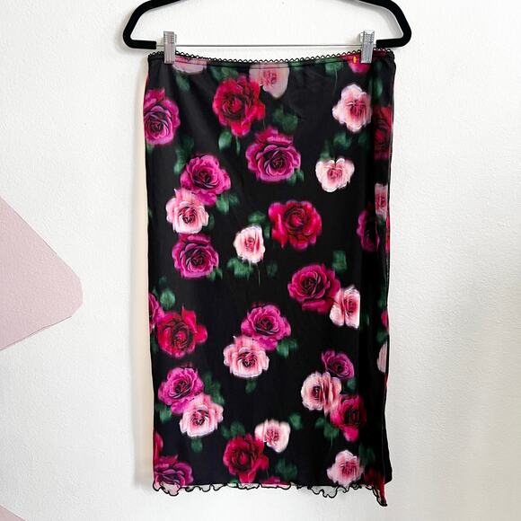 Black Pink Floral‎ Midi Skirt, Vintage, Y2K, Grunge, Goth, Dark Academia, Medium - Picture 1 of 5